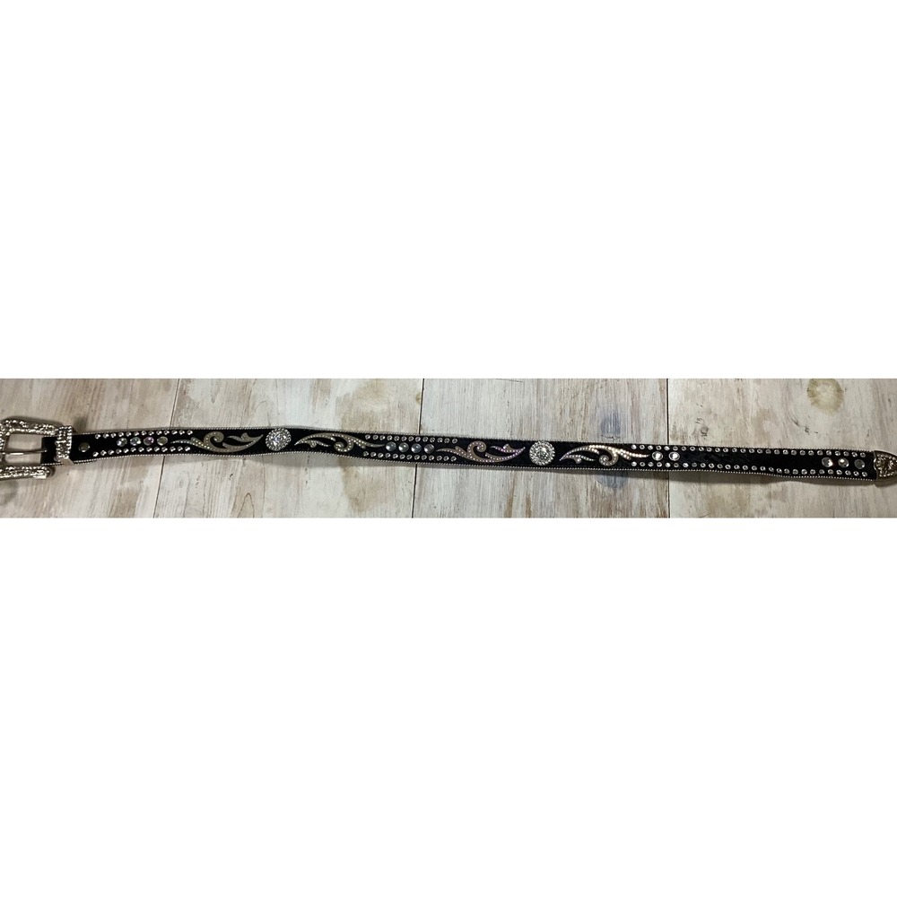 Nocona Western Rhinestone Crystal Studded Leather Belt Black Silver‎ Buckle